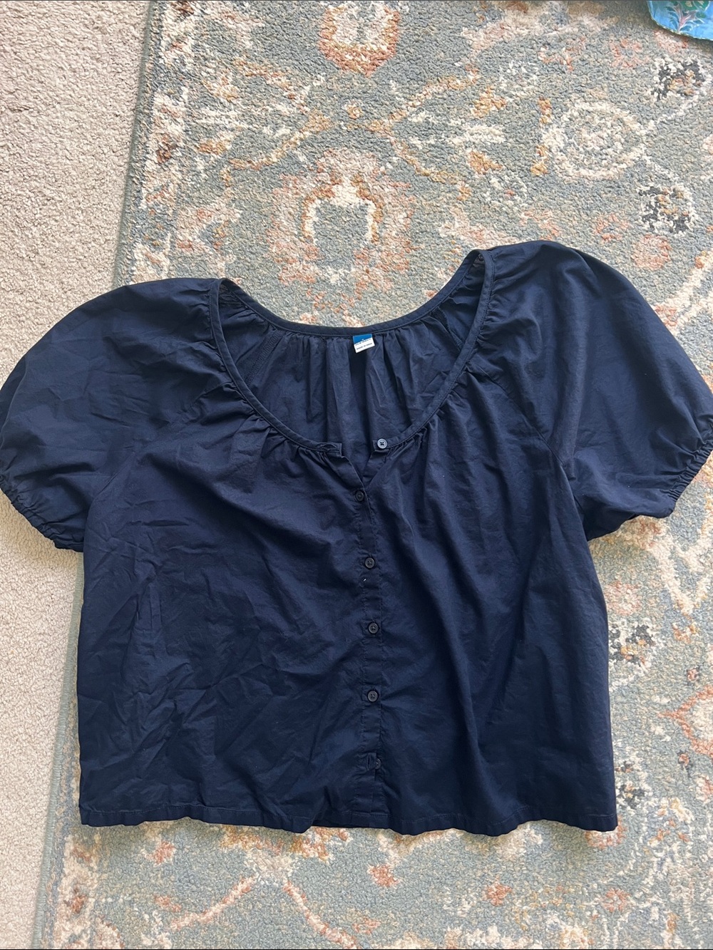 Old Navy Navy Button-Front Puff Sleeve Blouse